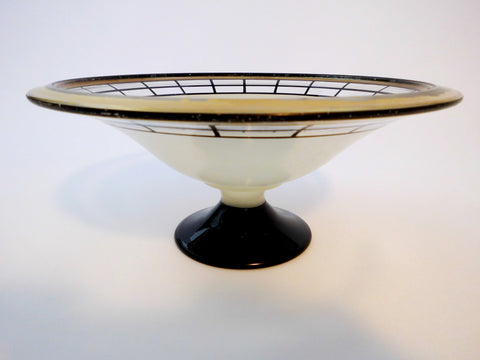 Frosted Glass Pedestal Bowl with Black bands and Gold accents