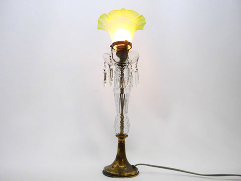 Desk Lamp origin Austria/Germany 1920s. Brass alloy. "Girandole" look with ornamental cut glass. Lamp shade in soft green opaline Glass with floral decor.