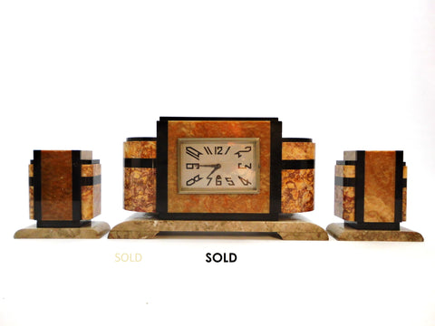 4 kinds of Marble Art Deco Mantel Clock. Eight-day clock, no Chime. Comes with a pair of matching Garnitures.  France Period 1930-1939