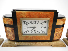 4 kinds of Marble Art Deco Mantel Clock. Eight-day clock, no Chime. Comes with a pair of matching Garnitures.  France Period 1930-1939