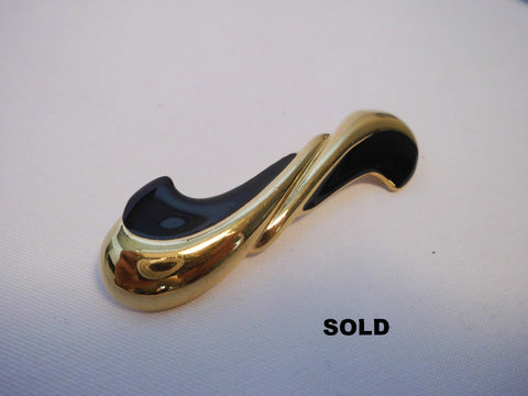 Black Enamel Gold Tone Brooch MONET