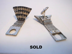 Cufflink Set  SilverTone Art Deco Clear and Black Stone Mesh Fan