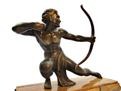 Large Male Archer Sculpture mounted on a marble base measuring 60 cm  23.62" long. Spelter with a beautiful bronze patina. Signed SALVATORE MELANI  1920-1930's.