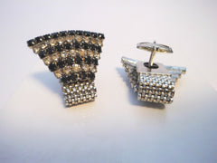 Cufflink Set  SilverTone Art Deco Clear and Black Stone Mesh Fan