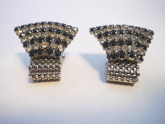 Cufflink Set  SilverTone Art Deco Clear and Black Stone Mesh Fan