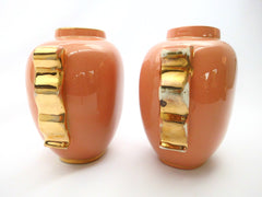 Pair of Oval Vases Boch Frères La Louvière Belgium. Form 1291/0 designed by Master Designer Charles Catteau 1934. Monochrome Peach execution with Gold-tone Ornaments. Priced per Pair.