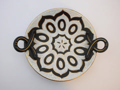 GOUDA Cameo Royal Centerpiece with a traditional  Black & White Javanese design.  N.V. Plateelbakkerij Zuid Holland 1954. Crackle finish, Matte glazed.