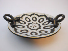 GOUDA Cameo Royal Centerpiece with a traditional  Black & White Javanese design.  N.V. Plateelbakkerij Zuid Holland 1954. Crackle finish, Matte glazed.