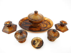 Art Deco Vanity Dressing Table Set in Amber Cloud Pressed Glass, Polished outside, matt inside. Seven Pieces, 1929 George Davidson & Co, England.