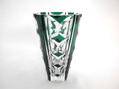 Beautiful signed Val Saint Lambert Circular Crystal Vase.  Emerald Green, hand-cut-to-clear. Mid-Century 1950s Belgium.