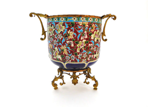 Ceramic Jardinière/Centerpiece Emaux de Longwy France end of 19th Century. Typical "Cloisonné" Flower decor combined with a decoration in "Bleu de Sèvres". Mounted on a bronze support.