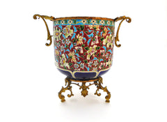 Ceramic Jardinière/Centerpiece Emaux de Longwy France end of 19th Century. Typical "Cloisonné" Flower decor combined with a decoration in "Bleu de Sèvres". Mounted on a bronze support.