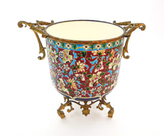 Ceramic Jardinière/Centerpiece Emaux de Longwy France end of 19th Century. Typical "Cloisonné" Flower decor combined with a decoration in "Bleu de Sèvres". Mounted on a bronze support.