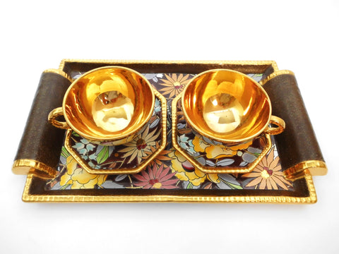 "Tête à tête" Gilded Ceramic Coffee/TeaSet NAGAKO Decoration (2938). Created by Raymond Chevallier  BOCH Frères Keramis, La Louvière  Belgium 1940s.