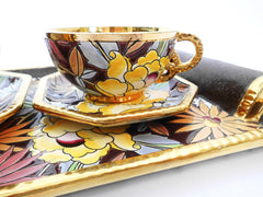 "Tête à tête" Gilded Ceramic Coffee/TeaSet NAGAKO Decoration (2938). Created by Raymond Chevallier  BOCH Frères Keramis, La Louvière  Belgium 1940s.