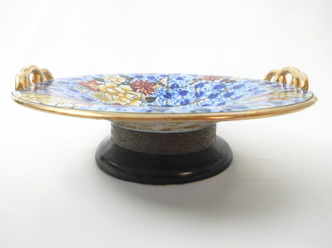 Ceramic Centerpiece. Beautiful Flower Decor with a Gold painted Rim on a marvellous decorated Pedestal. Limited Edition.  BOCH Frères Keramis, La Louvière Belgium  1940s.