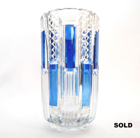 Unique (only 1 piece made) and Impressive Circular Crystal Vase. Created by René Delvenne. Blue, hand-cut-to-clear. Val St. Lambert  Belgium 1964.