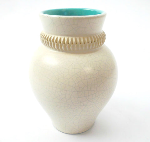 Elegant Creamy White Craqueled Glaze Vase. Turquoise Glaze inside Collar. Pol Chambost 1950s France.