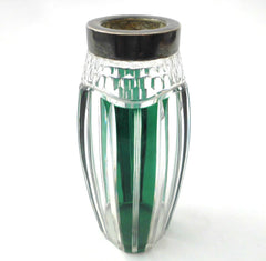 Small Crystal Vase with Plated Silver Collar. Val St. Lambert Belgium 1950s.  Emerald Green, hand-cut-to-clear.