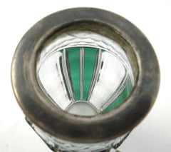 Small Crystal Vase with Plated Silver Collar. Val St. Lambert Belgium 1950s.  Emerald Green, hand-cut-to-clear.