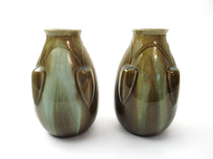 Lovely couple of 2 Art Deco Vases "Faïenceries de Thulin" Model 27 Belgium 1920s. Color Drip Glaze Technique with Shades of olive green and green blue.