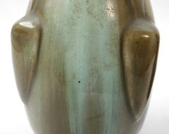 Lovely couple of 2 Art Deco Vases "Faïenceries de Thulin" Model 27 Belgium 1920s. Color Drip Glaze Technique with Shades of olive green and green blue.