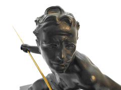 Art Deco Sculpture Hunter with Spear on a black&white Marble Base by Jean de Roncourt France 1920s. Beautiful fine detailed figure in Spelter with a verdigris patina.