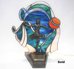 Decorative Art Deco Style White Casting bronze Display. Blue, green & white Hand Made Stained Glass. Backlighted.