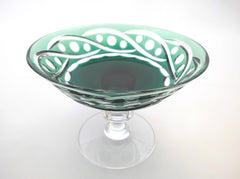 Crystal Centerpiece with Coupe in Emerald Green, hand-cut-to-clear on a transparent Pedestal. Created by Hubert Lega, Val St Lambert Belgium 1960s.