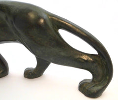 Elegant crouching Panther ready to strike, created by Secondo in France around 1930. Bronze, finished with a green patina.