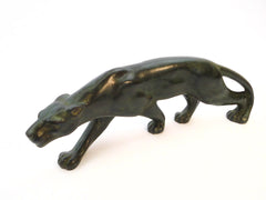 Elegant crouching Panther ready to strike, created by Secondo in France around 1930. Bronze, finished with a green patina.