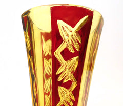 H.Markhbeinn Paris Vase in Pressed Glass Topaze colour & Ruby Red transparent email. Beautiful geometrical Art Deco/Modernist design. The model named "POMPEI" was listed in the 1932 Markhbeinn Catalogue.