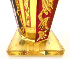 H.Markhbeinn Paris Vase in Pressed Glass Topaze colour & Ruby Red transparent email. Beautiful geometrical Art Deco/Modernist design. The model named "POMPEI" was listed in the 1932 Markhbeinn Catalogue.