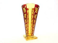 H.Markhbeinn Paris Vase in Pressed Glass Topaze colour & Ruby Red transparent email. Beautiful geometrical Art Deco/Modernist design. The model named "POMPEI" was listed in the 1932 Markhbeinn Catalogue.